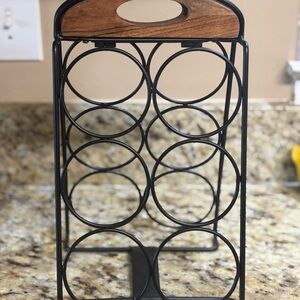 Black Metal Wine Rack with Wooden Handle